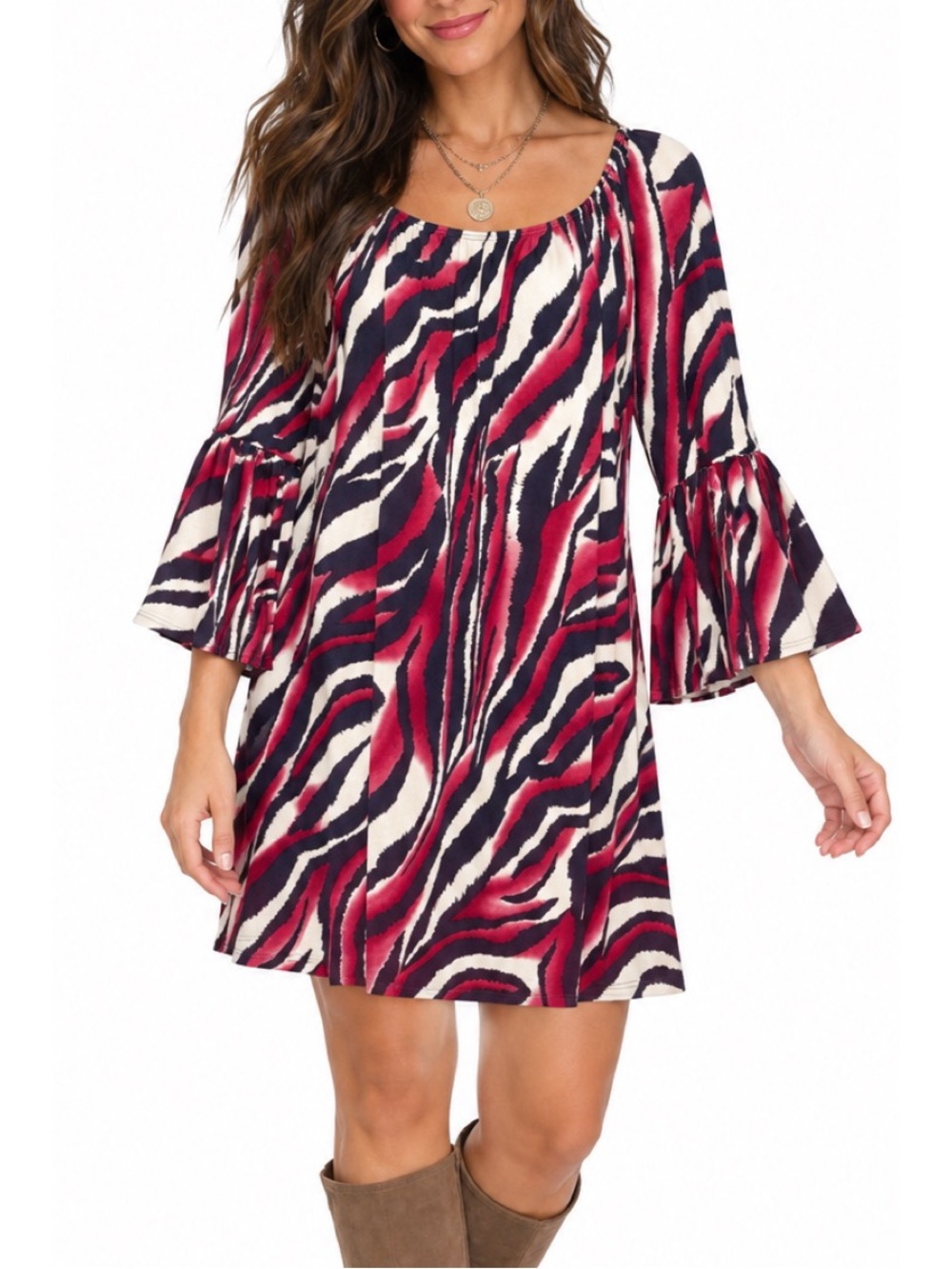 Tee For the Soul Bold zebra-inspired animal print in magenta, and cream dress